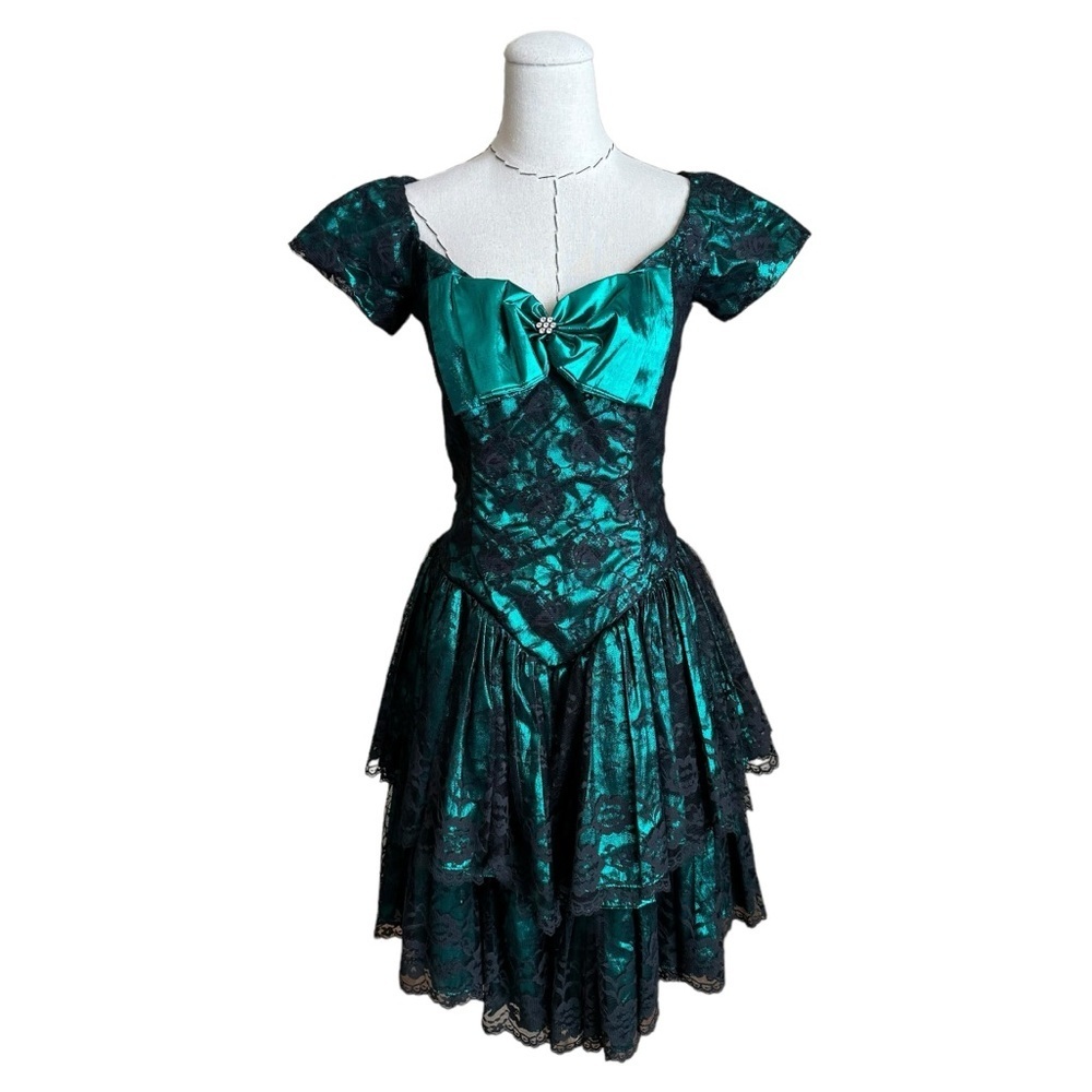 Vintage 80s Loralie Green Metallic Black Lace Bow Dress Party Prom Whimsigoth S